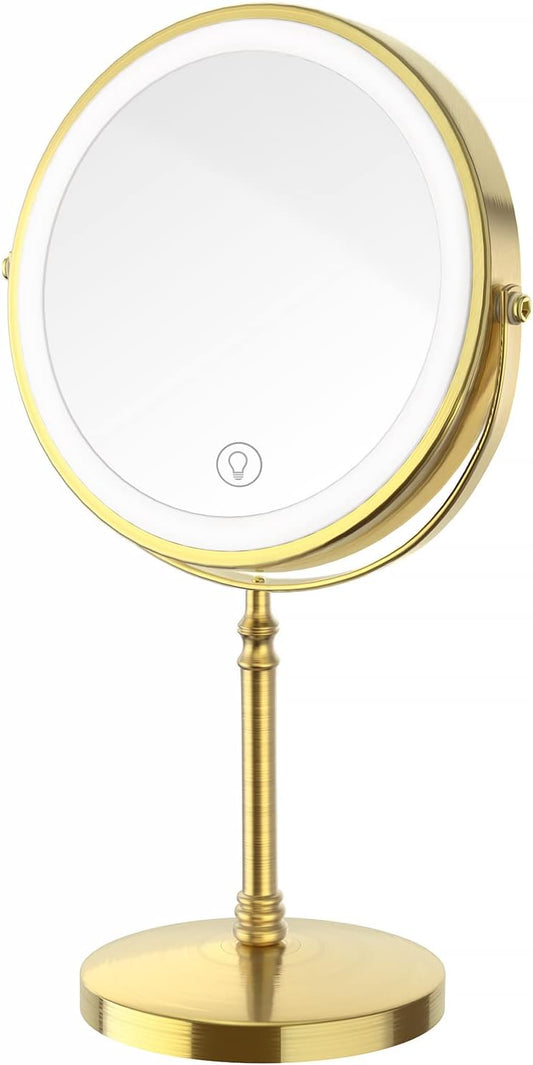 Lighted Makeup Mirror, 3000 mAh Rechargeable Double Sided Magnifying Vanity Mirror with 3 Colors, 1x/10x, 360° Rotation , Brightness Adjustable Magnification Cosmetic Light up Mirror, Women Gift