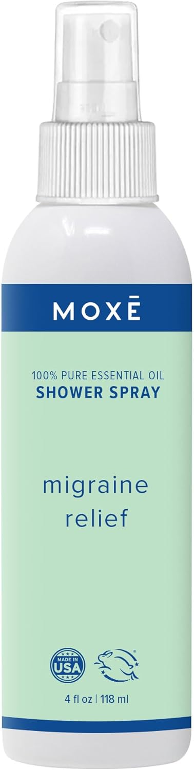 MOXE Migraine Relief Aromatherapy Shower Spray, Essential Oils for Headaches & Tension Relief, Natural 100% Essential Oils, Pure & Undiluted, Peppermint, Spearmint, Eucalyptus, Tea Tree, Made in USA …