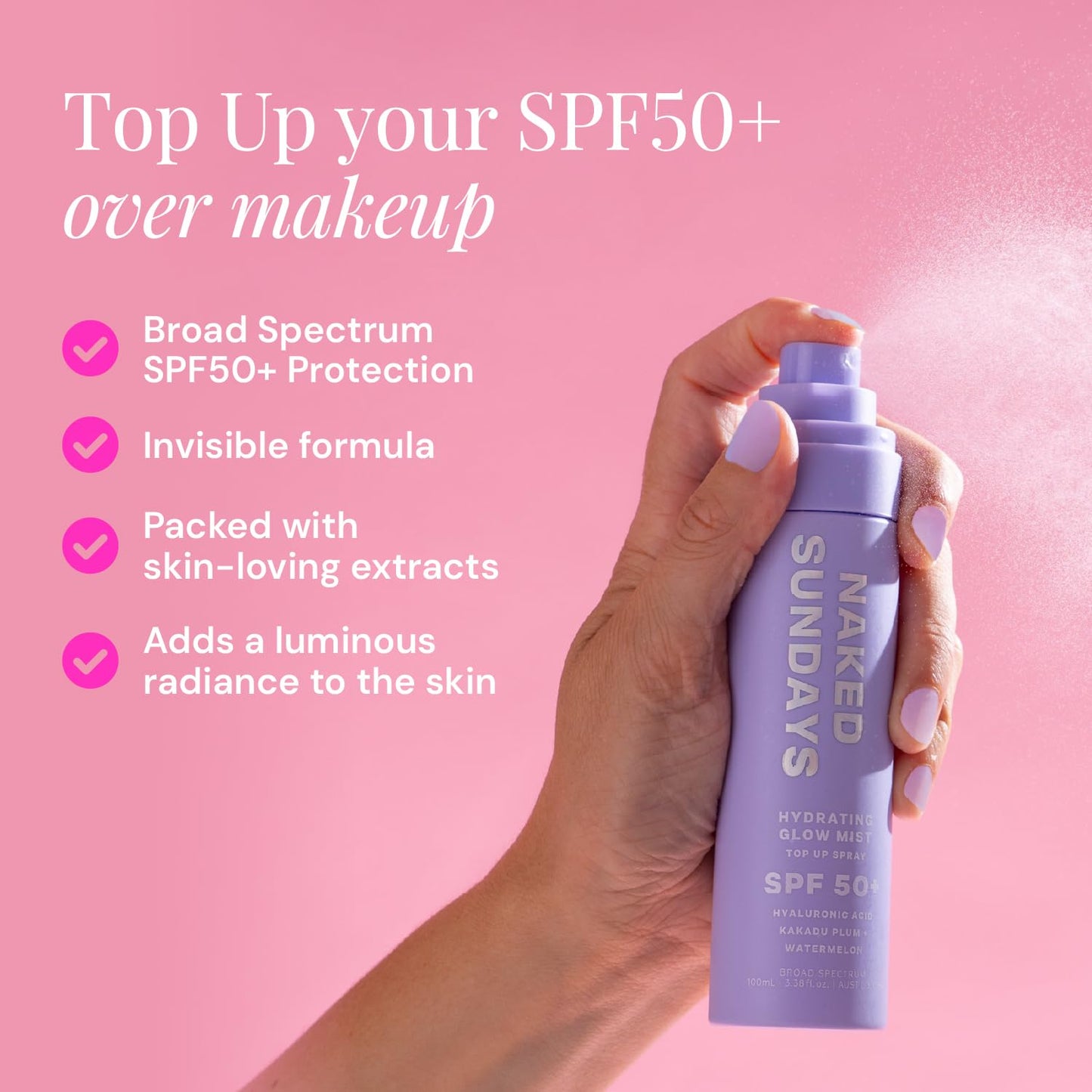 Naked Sundays SPF 50 Hydrating Glow Face Mist, Daily Facial Setting Spray & Sunscreen for Healthy Skin, Lightweight & Non-Greasy, with Hyaluronic Acid for All Skin Types, Makeup-Friendly(75ml)