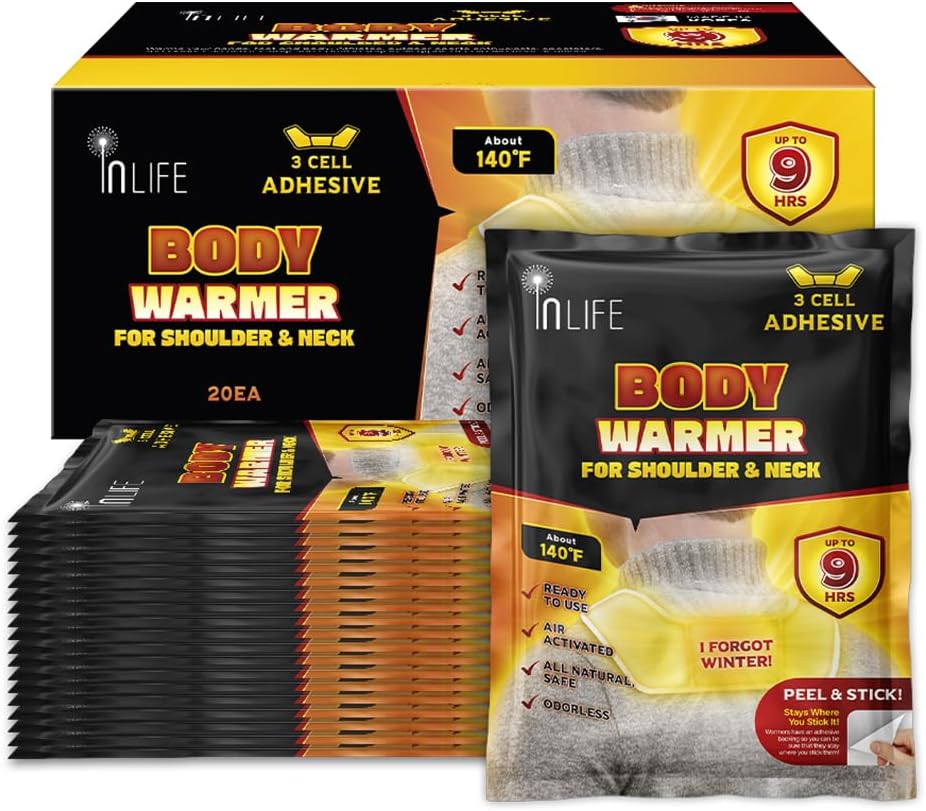 InLife Super Warmer with Adhesive Backing for Shoulder & Body, All Natural & Safe, Wider Area Covered, Higher Heating 145°F, Air Activated, Easy & Comfort, Steady Longer Lasting, Odorless, 20 Packs