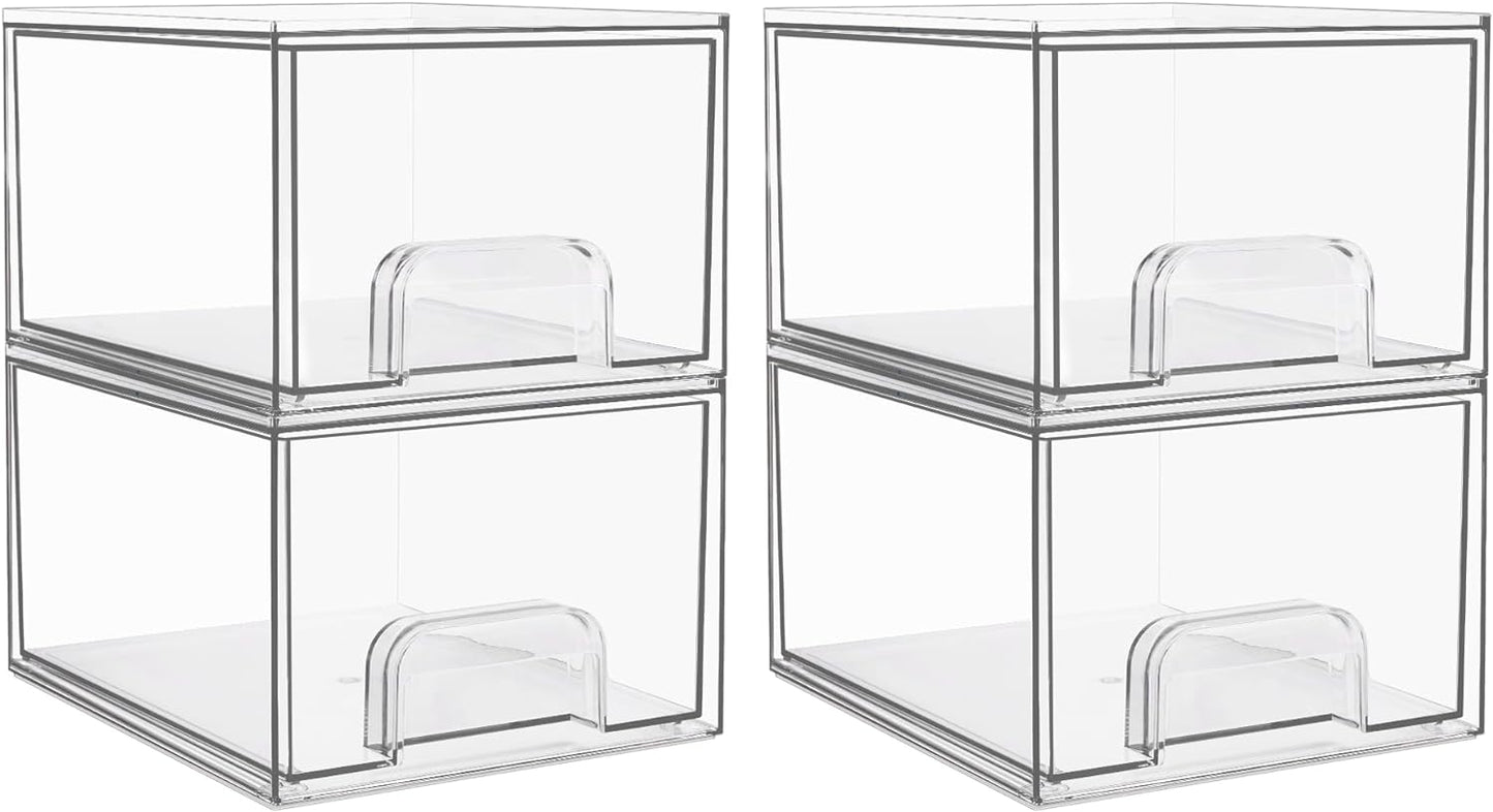 Vtopmart 4 Pack Clear Small Stackable Storage Drawers,Acrylic Bathroom Makeup Organizer,Plastic Storage Bins For Vanity, Undersink, Kitchen Cabinets, Pantry, Home Organization