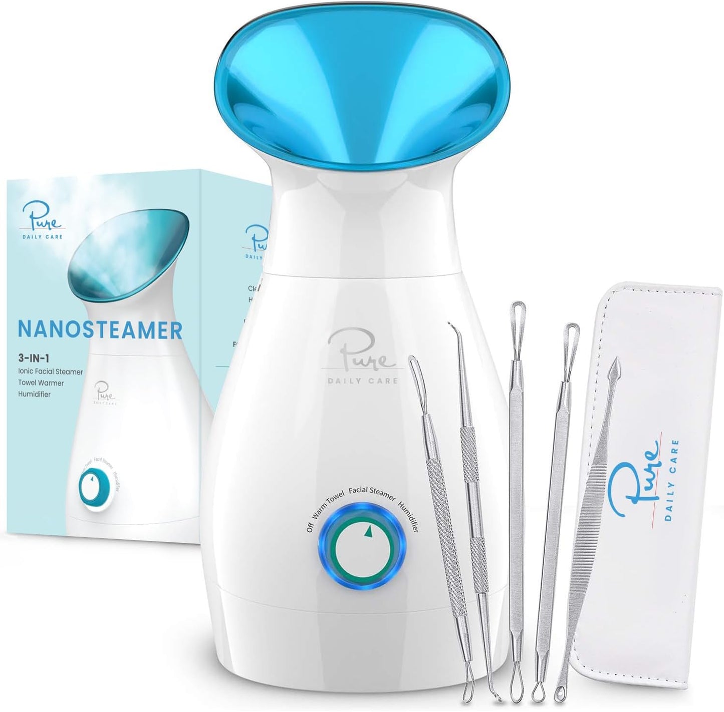 Pure Daily Care NanoSteamer Large 3-in-1 Nano Ionic Facial Steamer with Precise Temp Control - Humidifier - Unclogs Pores - Blackheads - Spa Quality - Bonus 5 Piece Stainless Steel Skin Kit (Teal)
