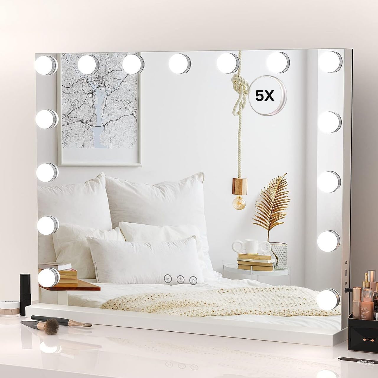 HIEEY Vanity Mirror with Lights, Hollywood Lighted Mirror with 15 Dimmable LED Bulbs, Makeup Mirror with Lights, and 5X Magnification Mirror, 3 Colors Modes,Touch Control, Metal Frame,White