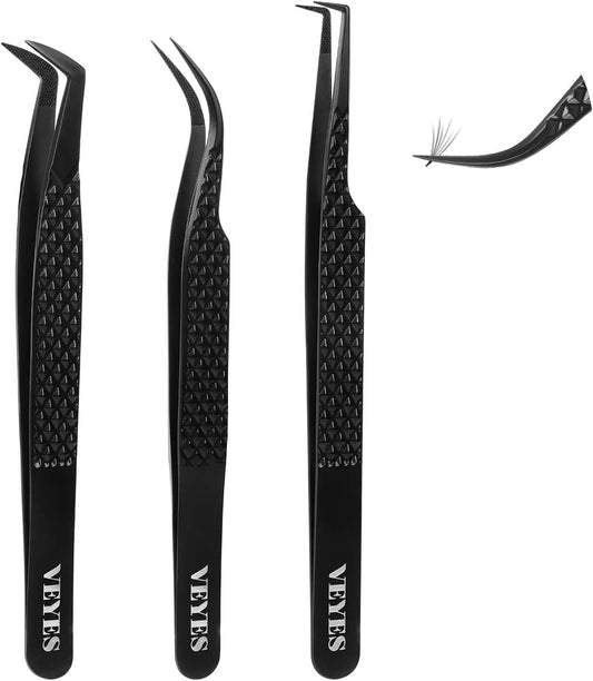 VEYES INC Lash Tweezers for Eyelash Extensions,Fiber Tip Tweezers Kit for Individual Classic and Volume Lash,3PCS Stainless Steel Lash Tweezers-Black
