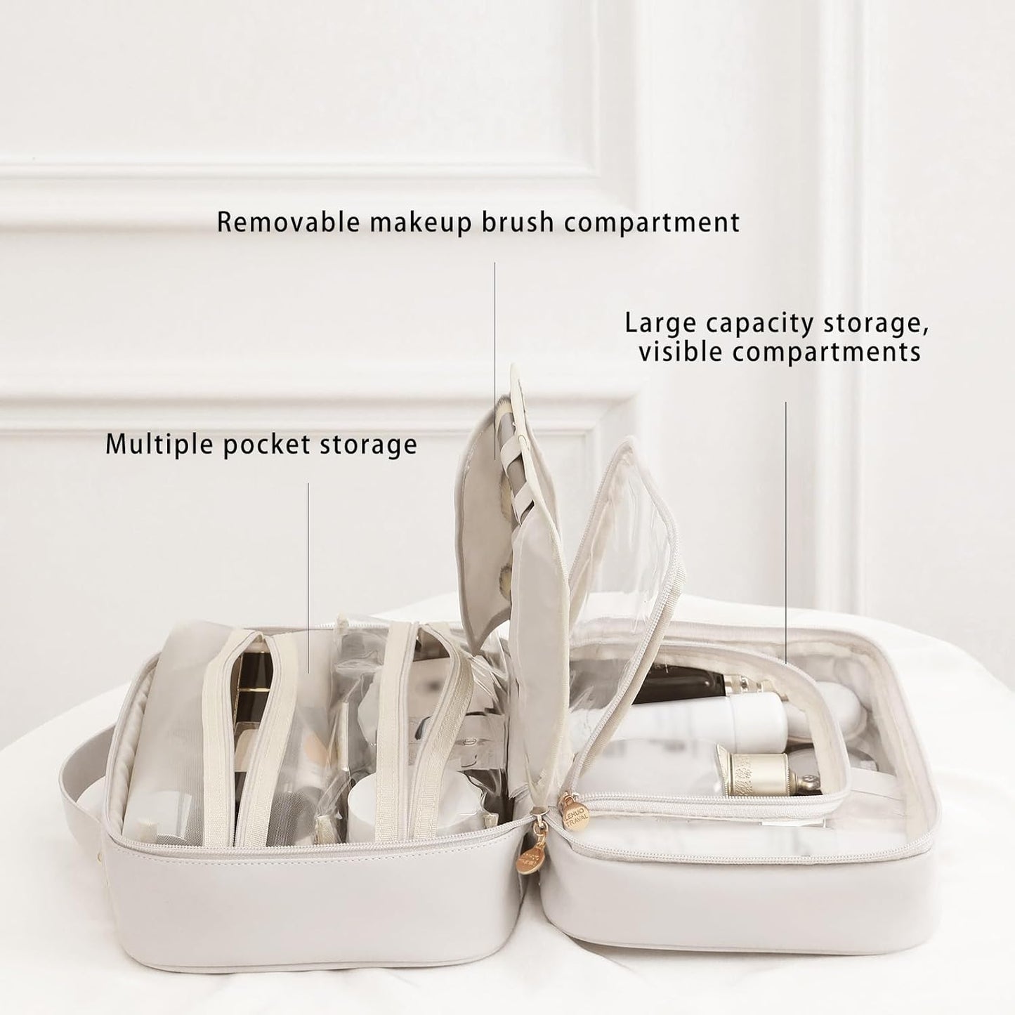 RIGHT AWAY Travel Toiletry Bag for Women, Makeup Bag& Cases, Waterproof Makeup Organizer Cosmetic Bag with Compartments,Portable Make Up Bag for Travel Size Toiletries,Skincare,Brushes Set,White