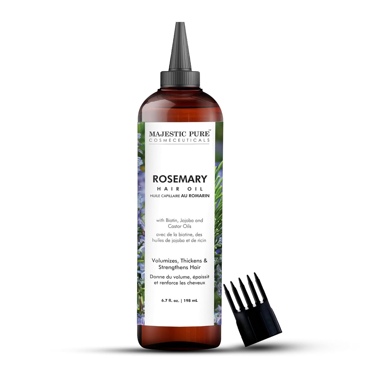 Majestic Pure 100% Pure Rosemary Oil For Hair Growth - Strengthening, Nourishing, Volumizing - Infused with Biotin Oil, Jojoba Oil & Castor Oil - Non GMO Verified - 6.7 Fl Oz