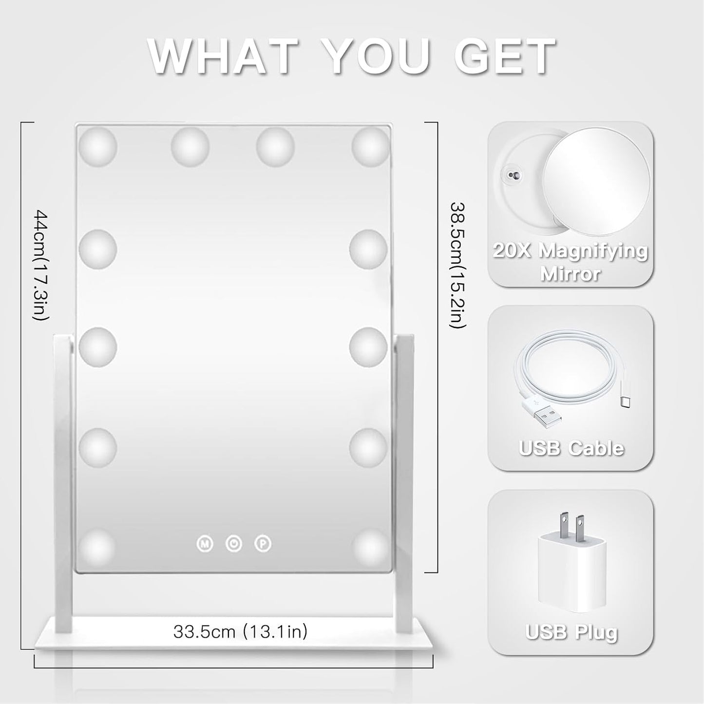 HIEEY Hollywood Makeup Mirror with 12 Dimmable Bulbs Lights, Three Color Lighting Modes, with 4in 20X Magnification Mirror, Smart Touch Control, 360°Rotation (White,Gift Box)