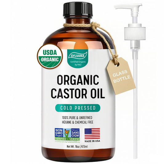 SYLVANA Organic Castor Oil with Pump (16oz Glass Bottle), USDA Certified Organic, Cold Pressed, Hexane Free, Vegan - 100% Pure Castor Oil for Hair Growth, Nourishing Skin, Lashes & Eyebrows