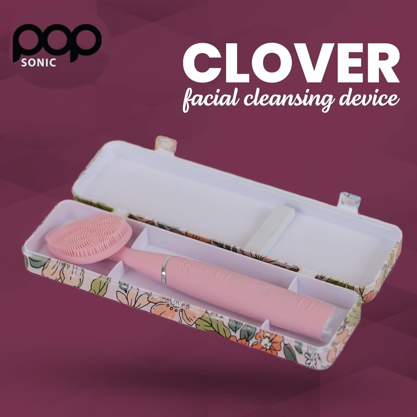 Clover Facial Cleansing Device Pink Silicone Facial Cleaner & Exfoliator w/ 8000 Vibrations Per Minute, 5 Speeds, USB Rechargeable Face Cleaning Scrubber & Cleansing Brush with Case