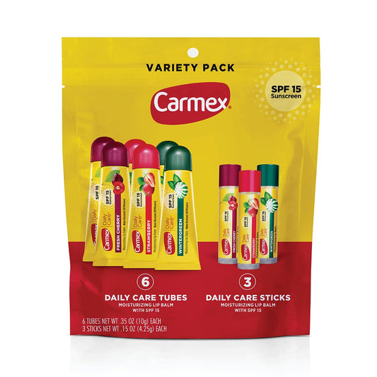Carmex Daily Care Moisturizing Lip Balm Pack, SPF 15, Multi-Flavor Lip Care Variety Pack Bag, 9 Count (6 Tubes, 3 Sticks)
