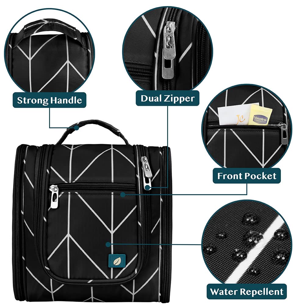 PAVILIA Toiletry Bag Travel Bag for Women Men, Hanging Cosmetic Organizer, Water Resistant Makeup Bag for Accessories Toiletries, Large Travel Essentials Kit (Black Chevron)