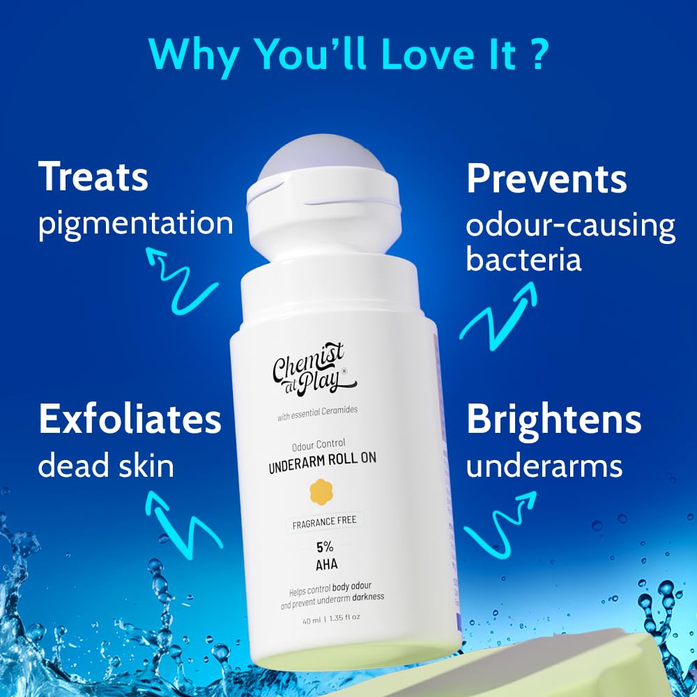 UnderArm Roll-On with 5% AHA| Lactic & Mandelic Acid|Prevents Odour, Brightens Skin & Exfoliates Underarm | For Sensitive Skin | Fragrance-Free | Alcohol & Aluminium Free | 1.35 fl oz