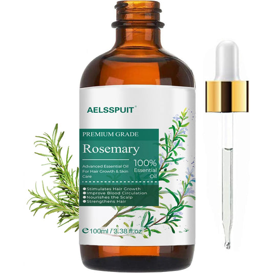 Rosemary Essential Oil for Hair Growth & Scalp Care - 3.38 Fl Oz (100ml) 100% Pure Organic Cold Pressed Oil in Glass Bottle - Aromatherapy Diffuser, Skin & Nail Treatment(Large, Rosemary)