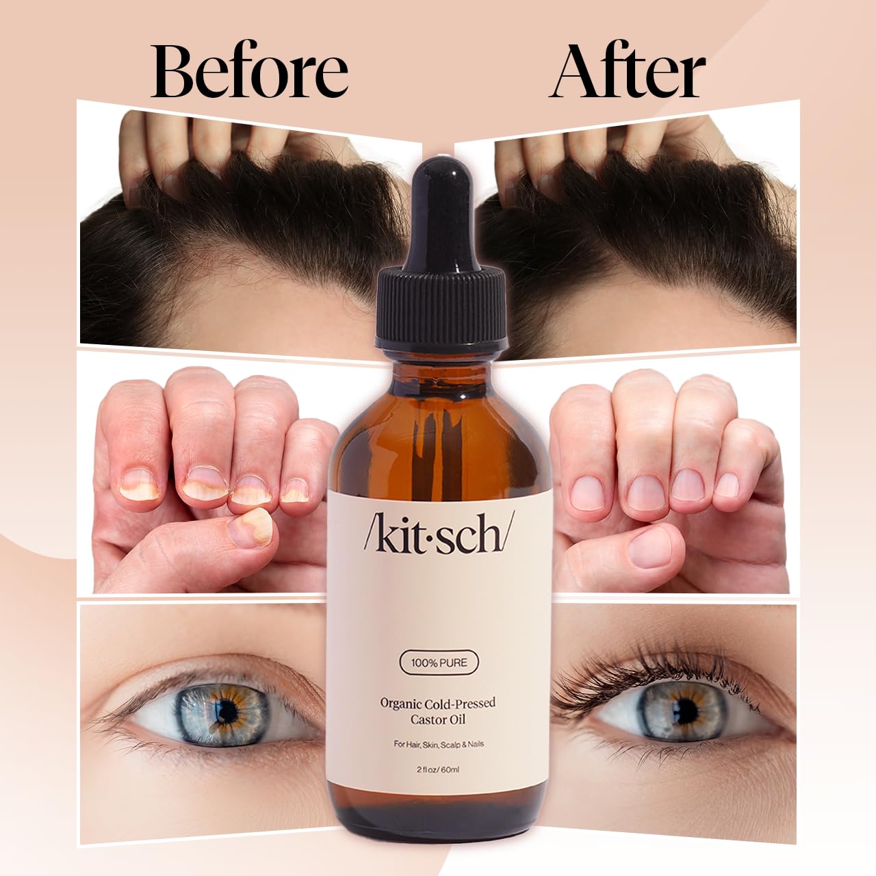 Kitsch Organic Castor Oil for Hair Growth - 100% Pure Castor Oil, Organic Cold Pressed Unrefined Glass Bottle for Face, Skin, Lashes, Brows, Scalp, Nails & Belly Button - Hexane Free, USDA - 2 oz