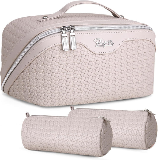BOYATU Travel Makeup Bags for Women: Large Makeup Organizer - 3 Pcs Make up Bags Set - Vegan Leather Cosmetic Bag with Protable Handle & Divider (L18 Beige)