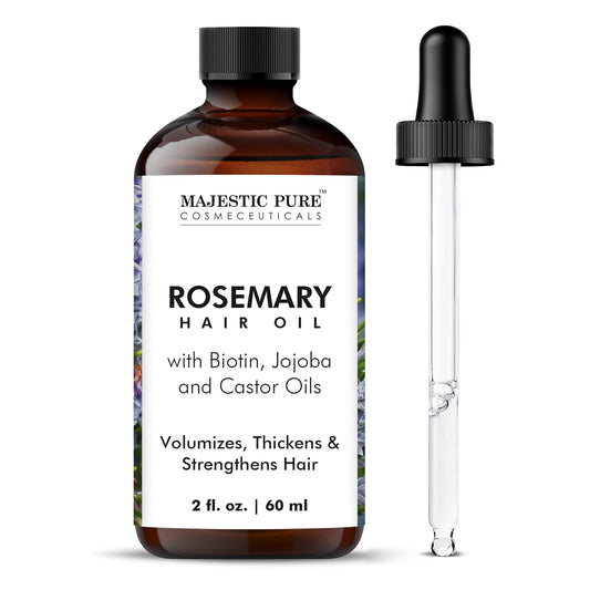 Majestic Pure 100% Pure Rosemary Oil For Hair Growth - Strengthening, Nourishing, Volumizing - Infused with Biotin Oil, Jojoba Oil & Castor Oil - Non GMO Verified - 2 Fl Oz