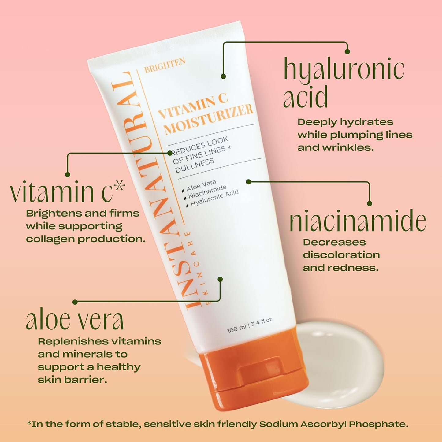 InstaNatural Vitamin C Moisturizer Face Cream, Brightens and Reduces the Look of Fine Lines and Wrinkles, Moisturizing Lotion for Dry Skin, with Hyaluronic Acid, 3.4 FL Oz