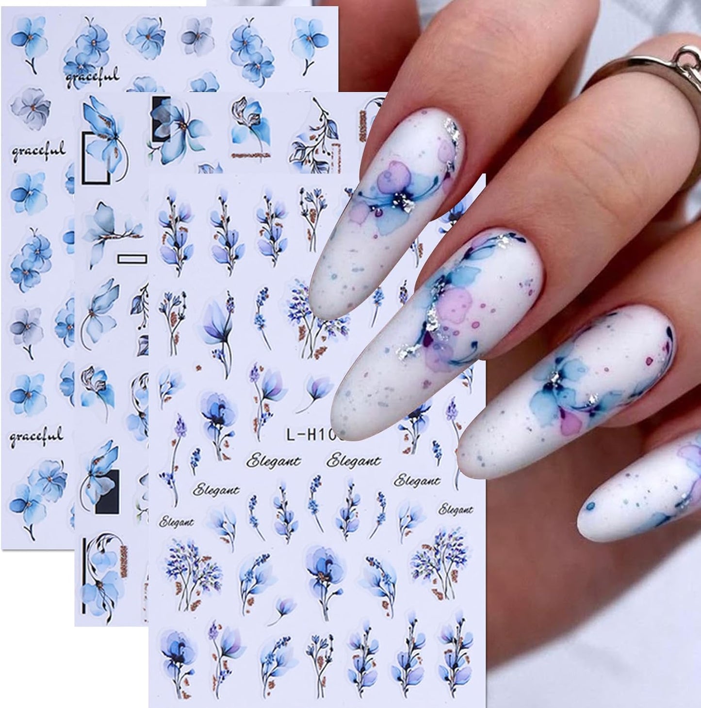 Ink Flower Nail Art Stickers 12 Sheets 3D Self-Adhesive Nail Decals with Tweezers Watercolor Floral Leaves Stickers Charming Blossom Flowers Designs Nail Art Supplies Manicure Accessories for Women