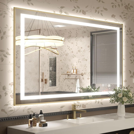 OKPAL 44x36 Gold Lighted Bathroom Mirror with Lights, Frontlit & Backlit LED Bathroom Mirror, Lighted Vanity Mirror, Anti-Fog, Dimmable 3 Colors, Shatterproof, Horizontal/Vertical