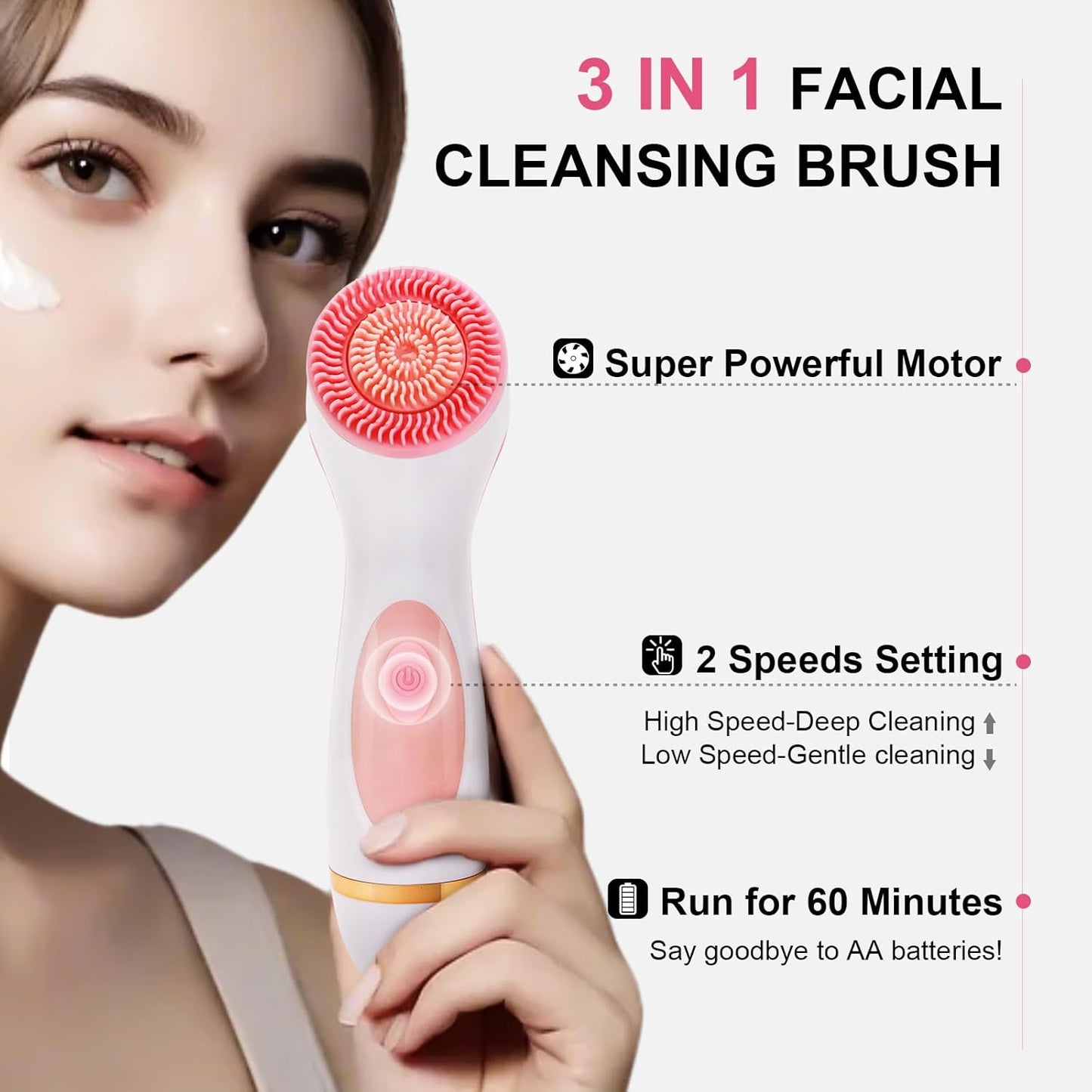 Facial Cleansing Brush, 3 in 1 Electric Face Scrubber with 3 Brush Heads for Women/Men, Waterproof Rechargeable Face Cleansing Brush for Dry Oily Sensitive Skin (Pink)