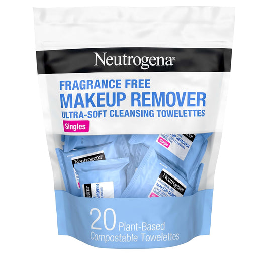 Neutrogena Fragrance-Free Makeup Remover Cleansing Towelette Singles, Individually-Wrapped Daily Face Wipes to Remove Dirt, Oil, Makeup & Waterproof Mascara for Travel & On-the-Go, 20 ct (Pack of 6)