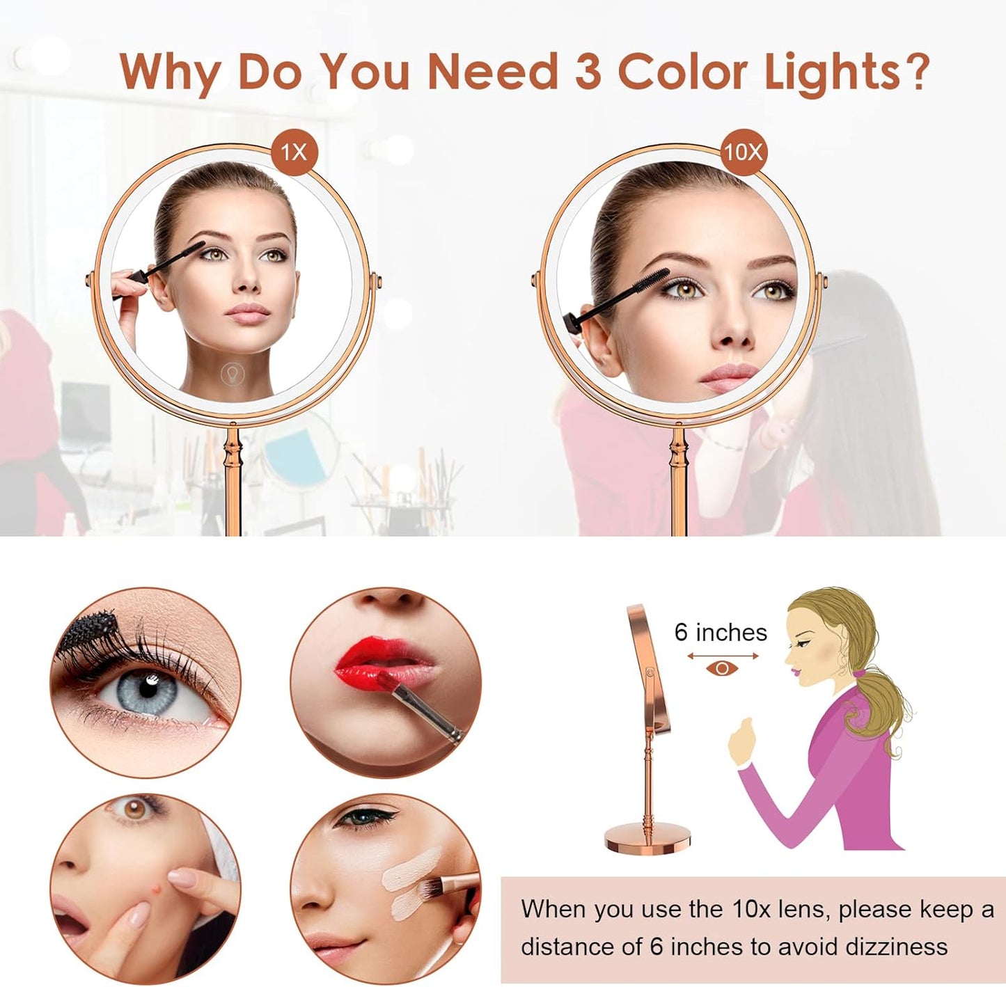 Lighted Makeup Mirror, 3000 mAh Rechargeable Double Sided Magnifying Vanity Mirror with 3 Colors, 1x/10x, 360° Rotation , Brightness Adjustable Magnification Cosmetic Light up Mirror, Women Gift