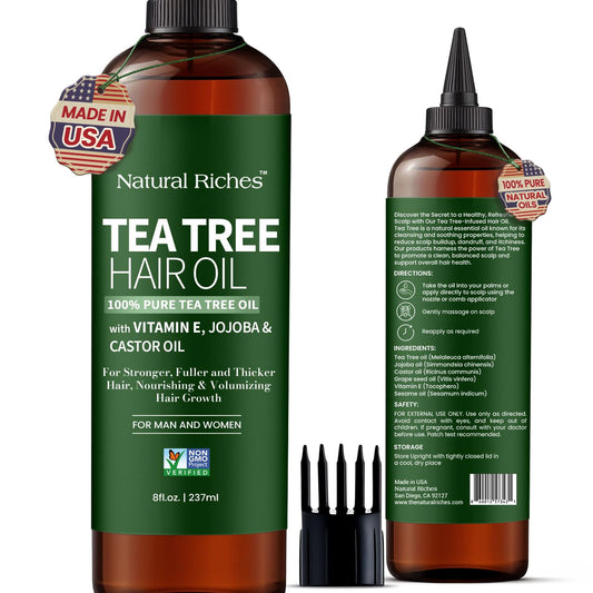 Natural Riches Tea Tree Oil for Hair - Blended with Vitamin E and Castor Oil for Hair Growth - Tea Tree Scalp Treatment for Dry Scalp - Lightweight Scalp Oil for Healthy, Strong Hair - 8 fl oz
