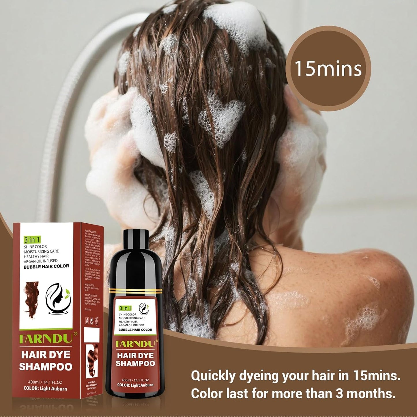Light Auburn Hair Dye Shampoo for Women Men Gray Hair Coverage and Herbal Ingredients 3 In 1 Hair Color Shampoo
