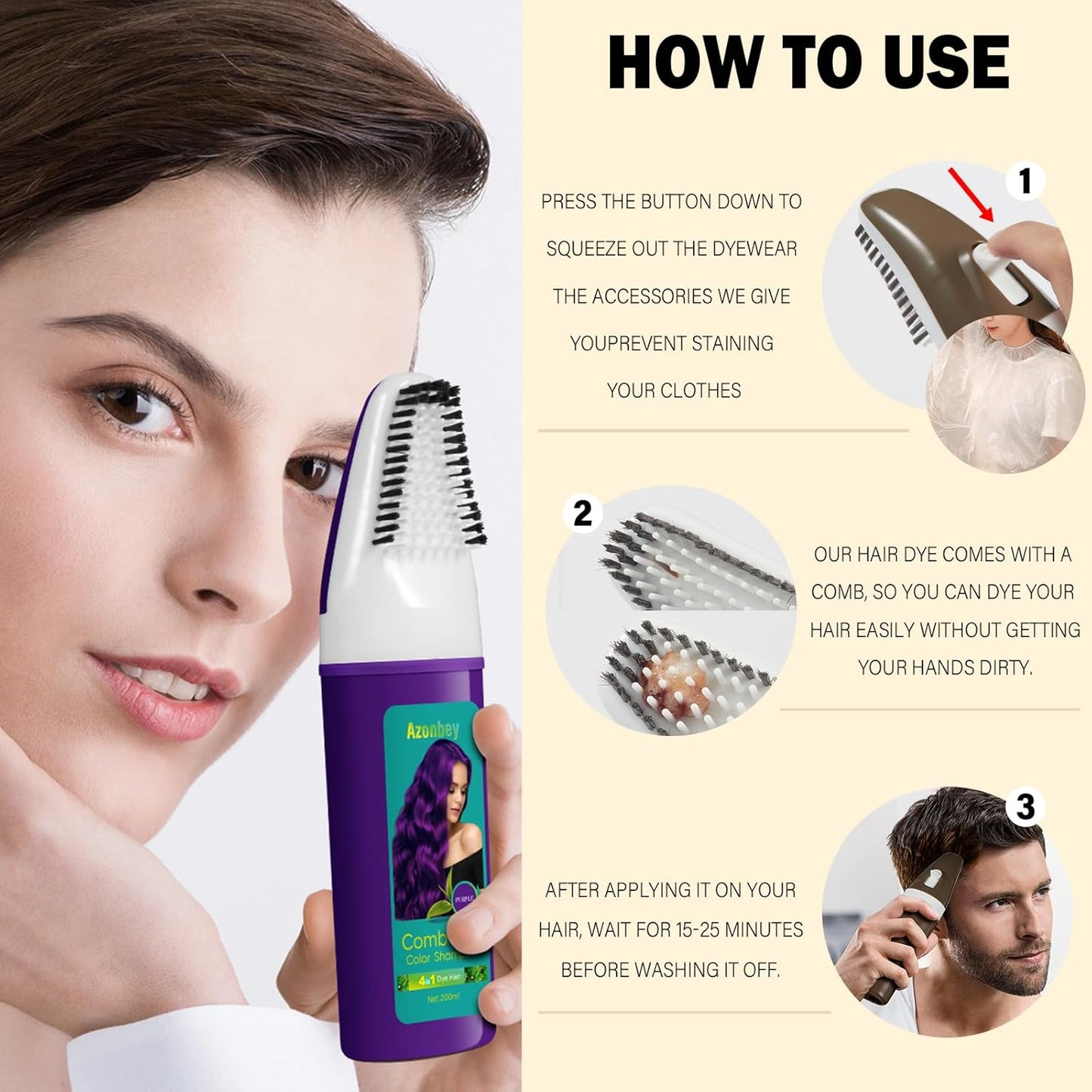 Purple Hair Dye for Women, Semi Permanent Hair Dye Shampoo for Gray hair Coverage 4 in 1 Natural Ingredients with Comb, Convenient to Use Hair Color Shampoo (Purple)