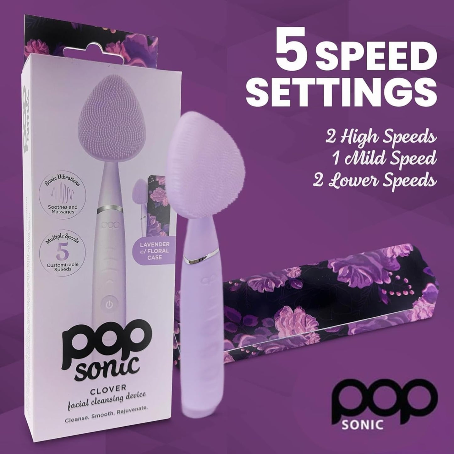 Clover Facial Cleansing Device Lavender Silicone Facial Cleaner & Exfoliator w/ 8000 Vibrations Per Minute, 5 Speeds, USB Rechargeable Face Cleaning Scrubber & Skincare Tool with Case