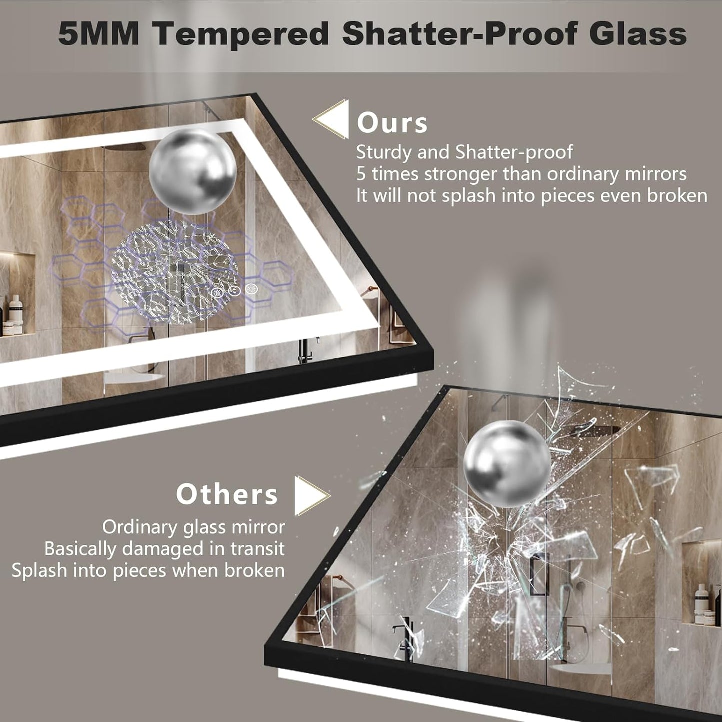 OKPAL 48x36 Black Lighted Bathroom Mirror, LED Bathroom Mirror with Lights, Anti-Fog Lighted Vanity Mirror, Dimmable, Shatterproof, Memory, 3 Colors, ETL Listed (Front Light and Backlit)