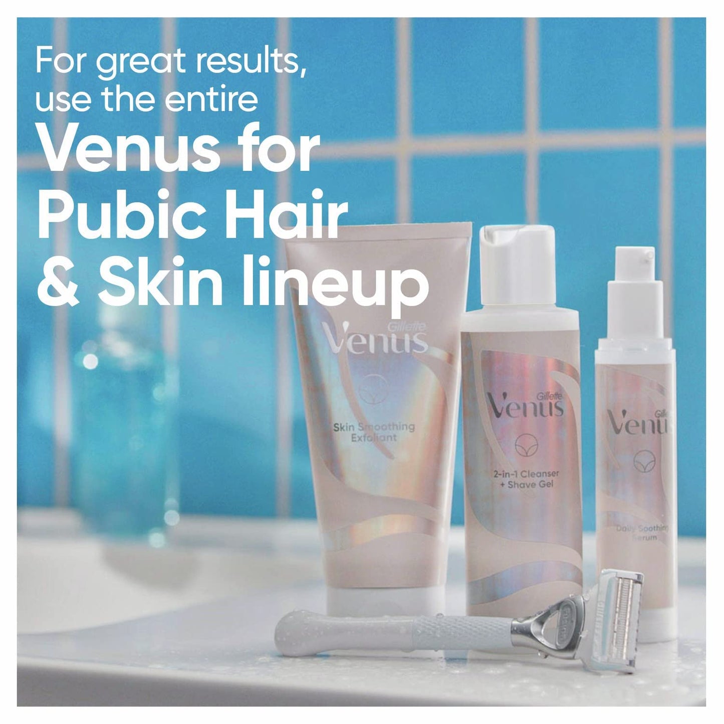 Gillette Venus for Pubic Hair and Skin, 1 Razor Handle + 2 Blade Refills, 2-in-1 Cleanser + Shave Gel and Daily Soothing Serum