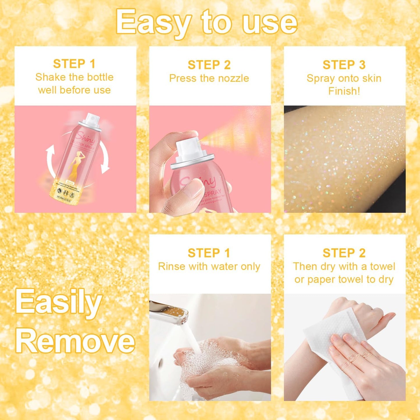 Hair and Body Glitter Spray, Holographic Glitter Highlighter Powder, Hairspray for Clothes, Face Body Shiny Glitter, Loose Shimmer Hairspray Festival Rave Prom Accessories, 2.11 Fl Oz(Gold)