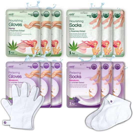 Epielle Relaxing & Nourishing Hand & Foot Masks 12 Pairs, Repair and Relax Dry Hands & Cracked Heels with Lavender Extract & Hemp, Korean Skin Care, Spa Self Care Gifts for Women, 6 Gloves & 6 Socks