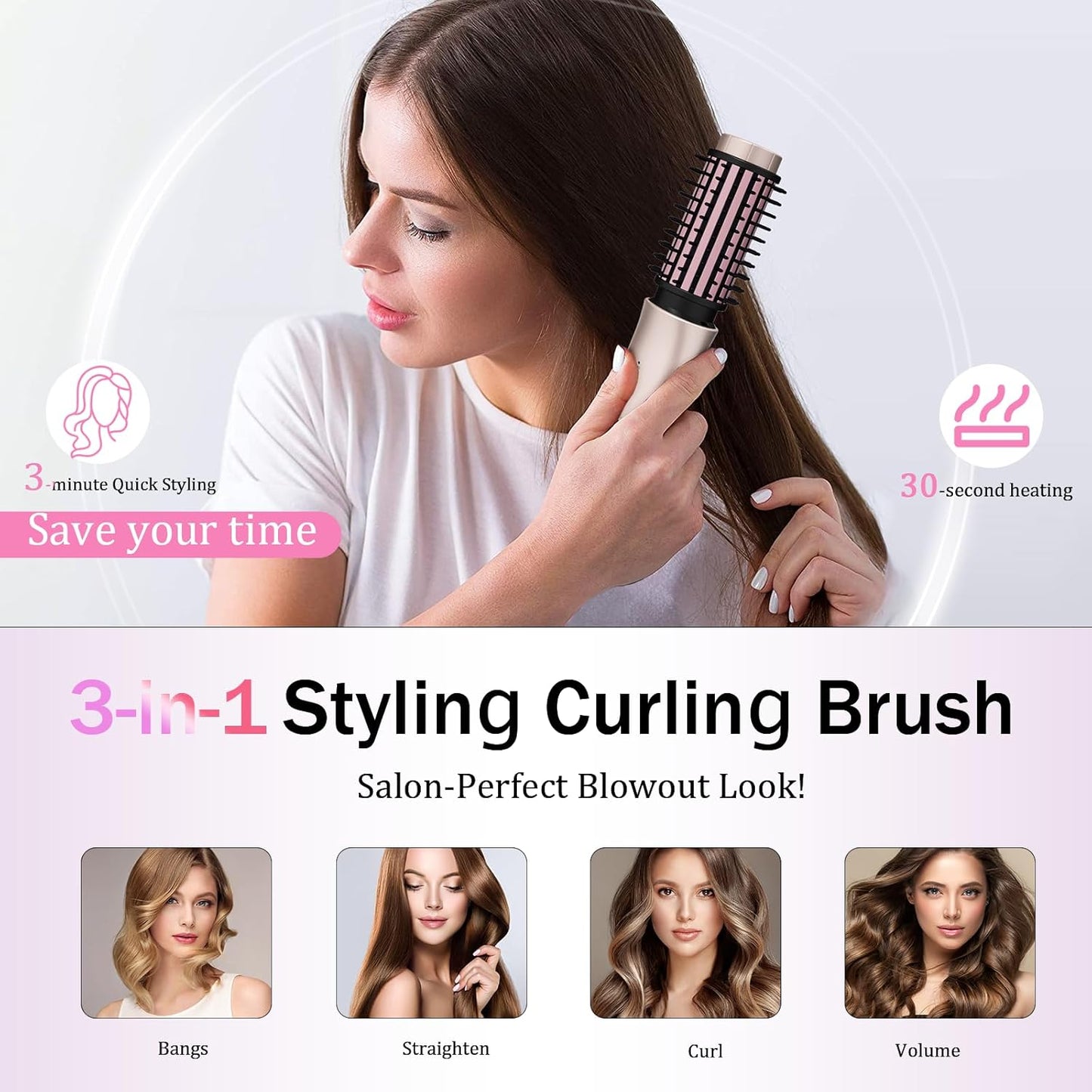 Cordless Hair Curling Iron Brush, Travel Curl Brush, 3-in-1 Portable Curling Iron Cordless, Plasma Thermal Hair Brush, 7000mAh USB Rechargeable Curlings Wand, Mini Hot Curlings Brush-Blush Pink