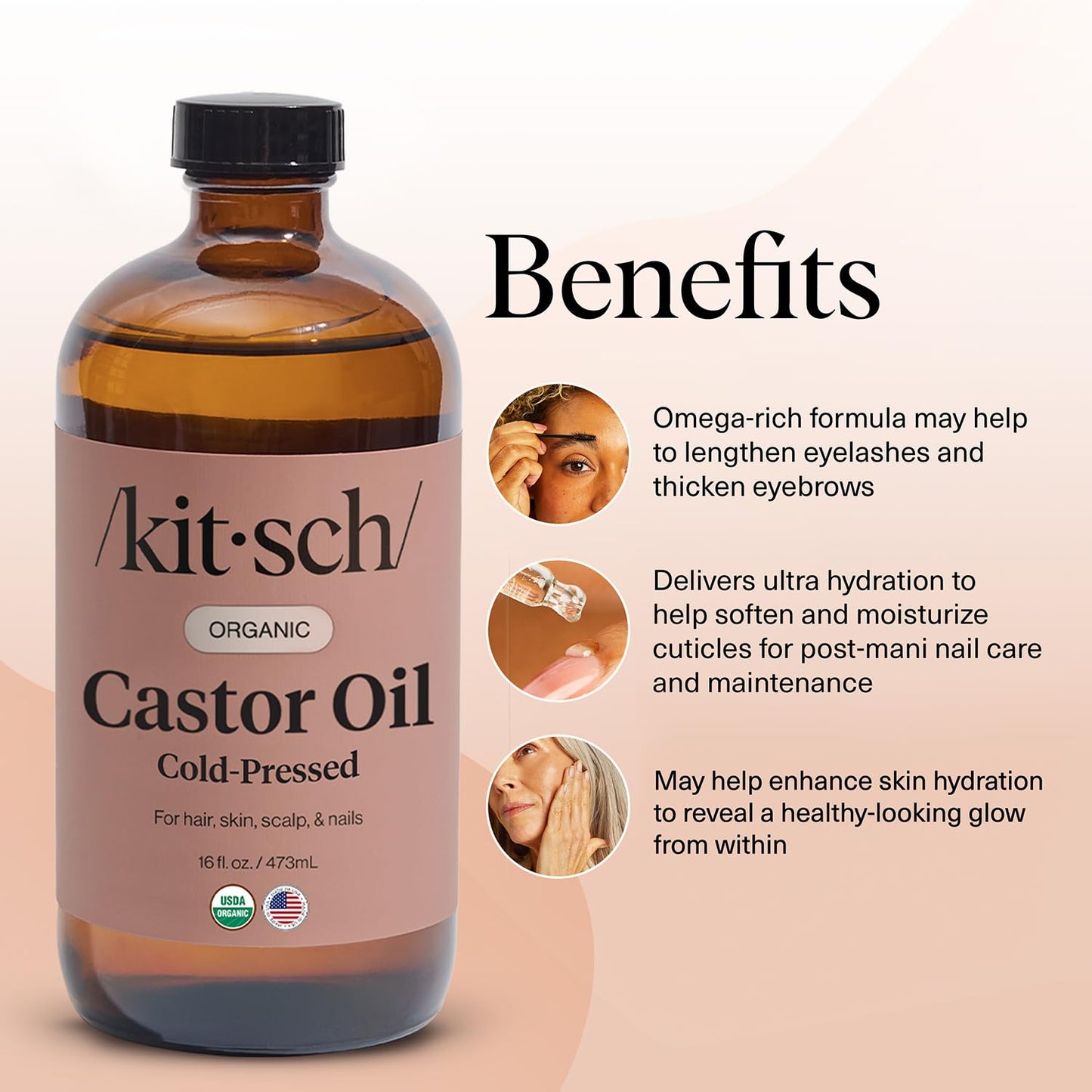 Kitsch Organic Castor Oil for Hair Growth - 100% Pure Castor Oil, Organic Cold Pressed Unrefined Glass Bottle for Face, Skin, Lashes, Brows, Scalp, Nails & Belly Button - Hexane Free, USDA - 16 oz