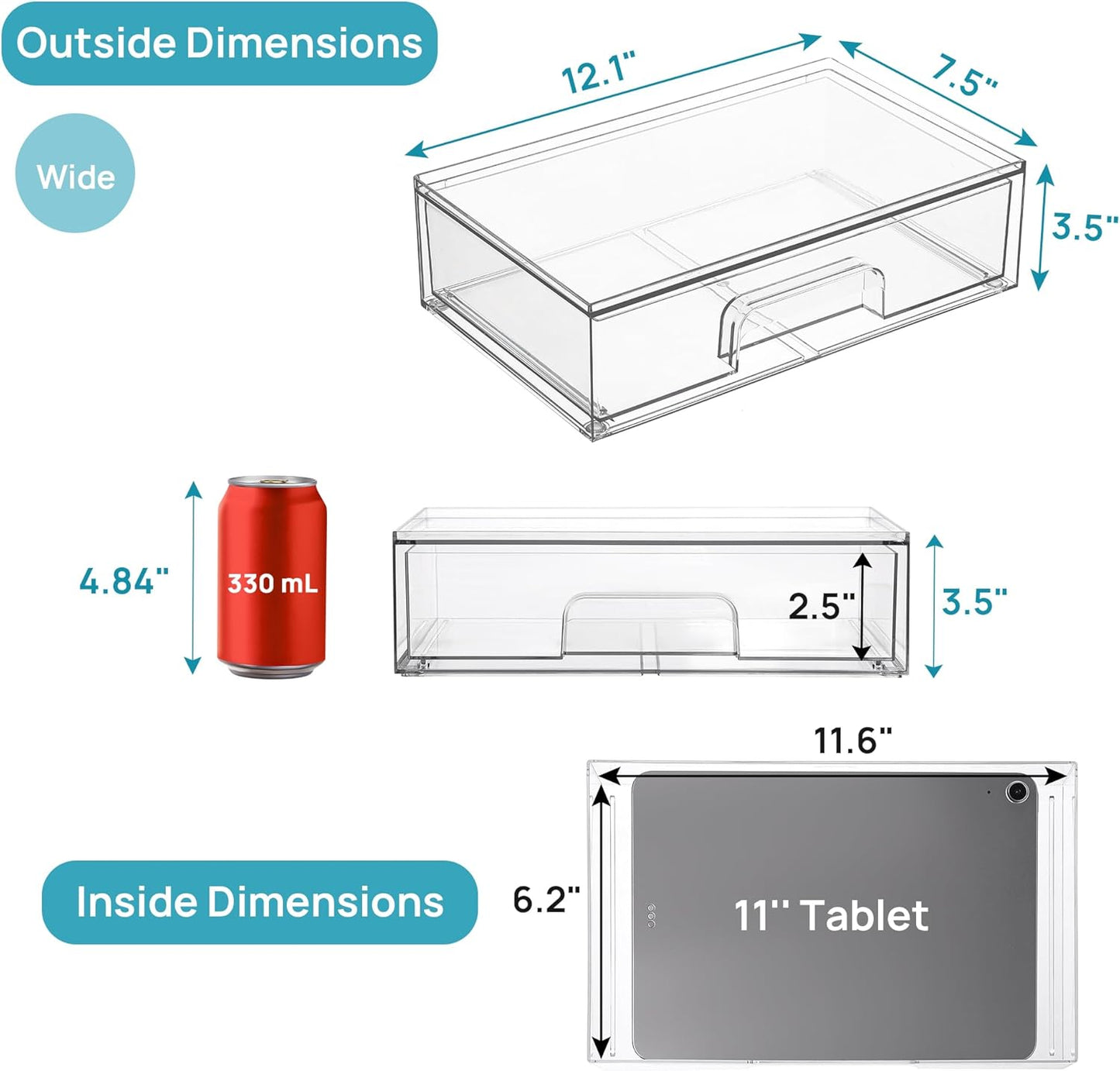 Vtopmart 12.1''W Clear Stackable Storage Drawers,2 Pack Acrylic Plastic Organizers Bins for Makeup Palettes, Cosmetics, and Beauty Supplies,Ideal for Vanity, Bathroom,Cabinet,Desk Organization