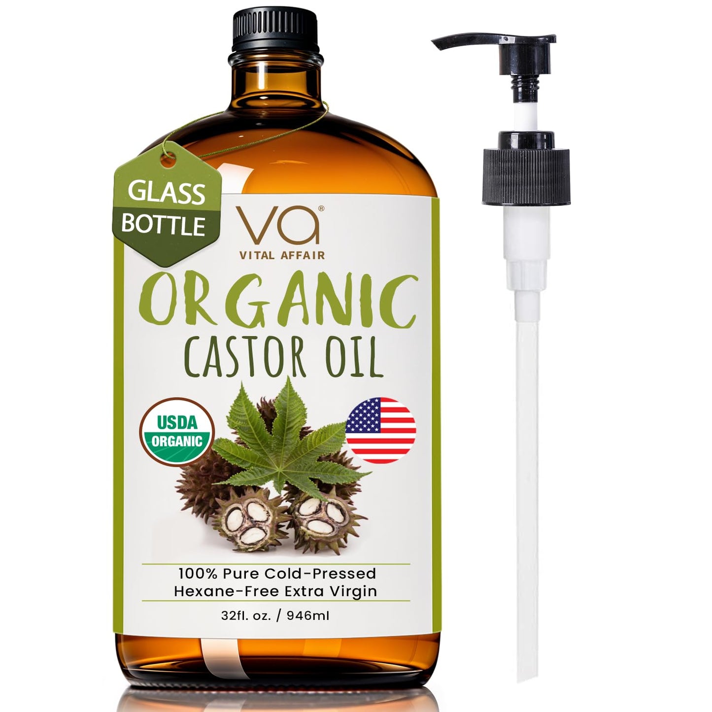 Pure Organic Castor Oil 32oz – Cold Pressed, Unrefined, USDA Organic – Glass Bottle for Hair Growth, Eyelashes, Eyebrows, Face & Castor Oil Packs