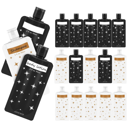 Travel Pouches for Toiletries 18 Pack - Leak-Resistant 3 oz Liquid Containers, TSA Approved Star Pattern Shower Gel & Cosmetic Bags (Black & White)