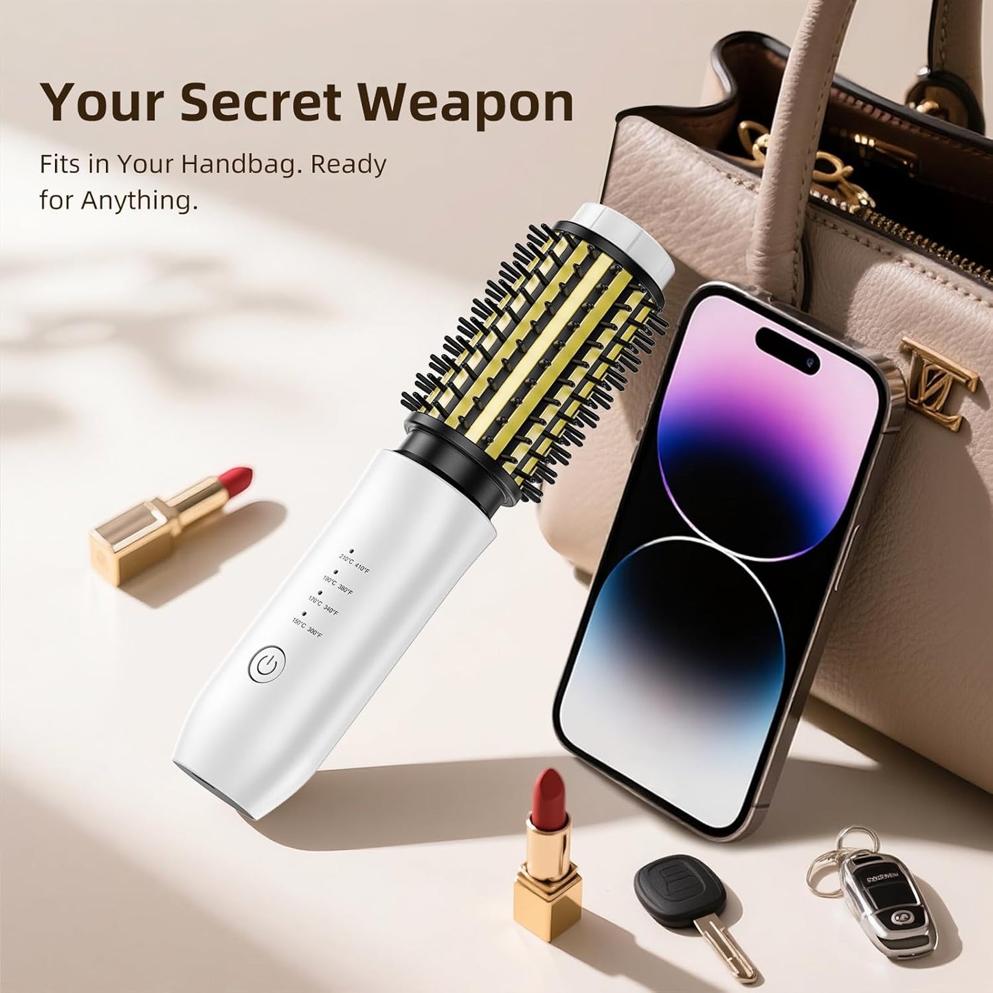 Cordless Curling Iron Brush, 1.5 Inch Mini Travel Hair Curler with 200 Million Negative Ions, Portable Heated Round Straightener Brush Rechargeable for Curl, Touch-Up, De-Frizz, Styling, White