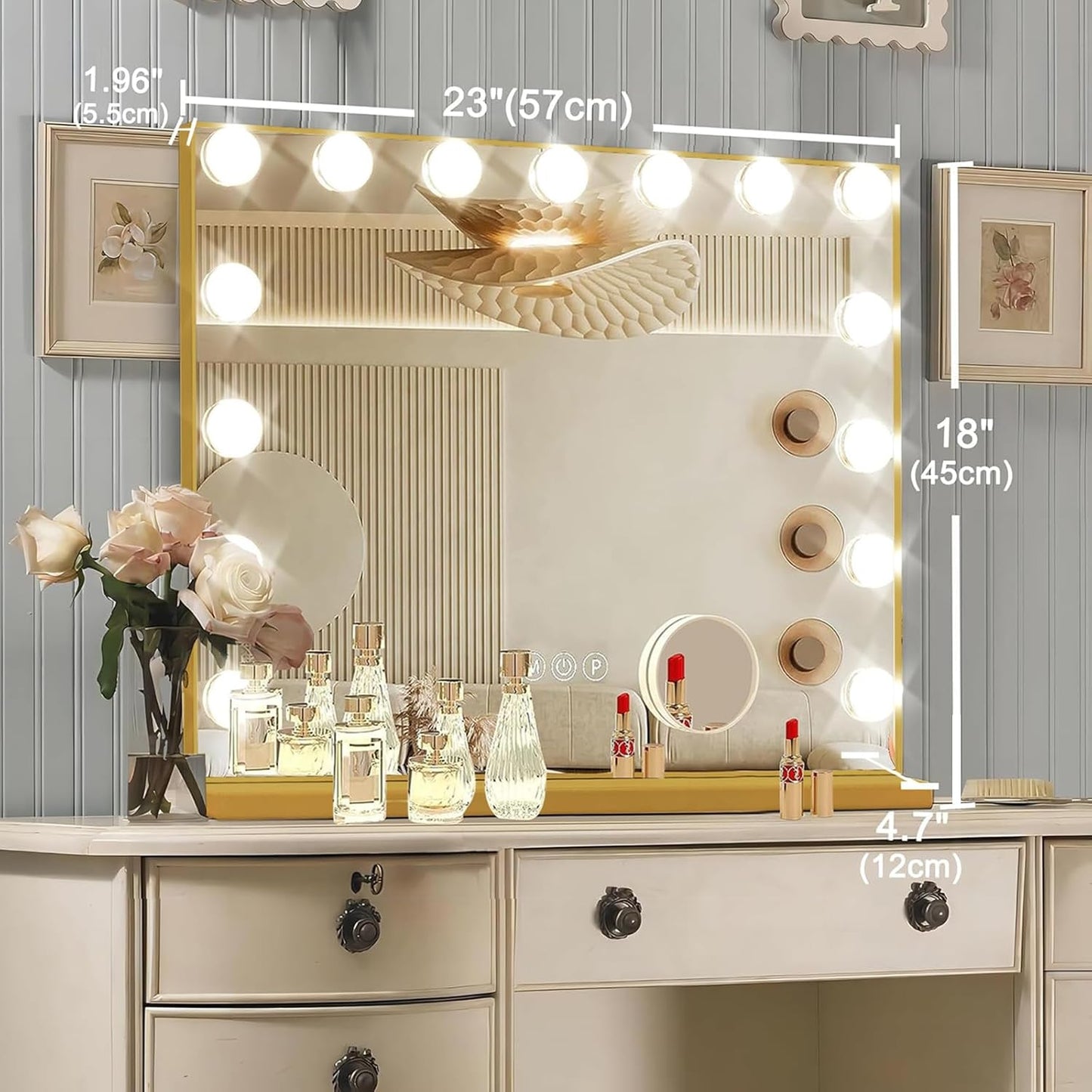 Gold Hollywood Vanity Mirror with Lights, 15 Dimmable Bulbs, 3 Color Lights,Make Up Lighted Mirror, Aluminum Metal Frame, USB Charging Port（23" x 18"）