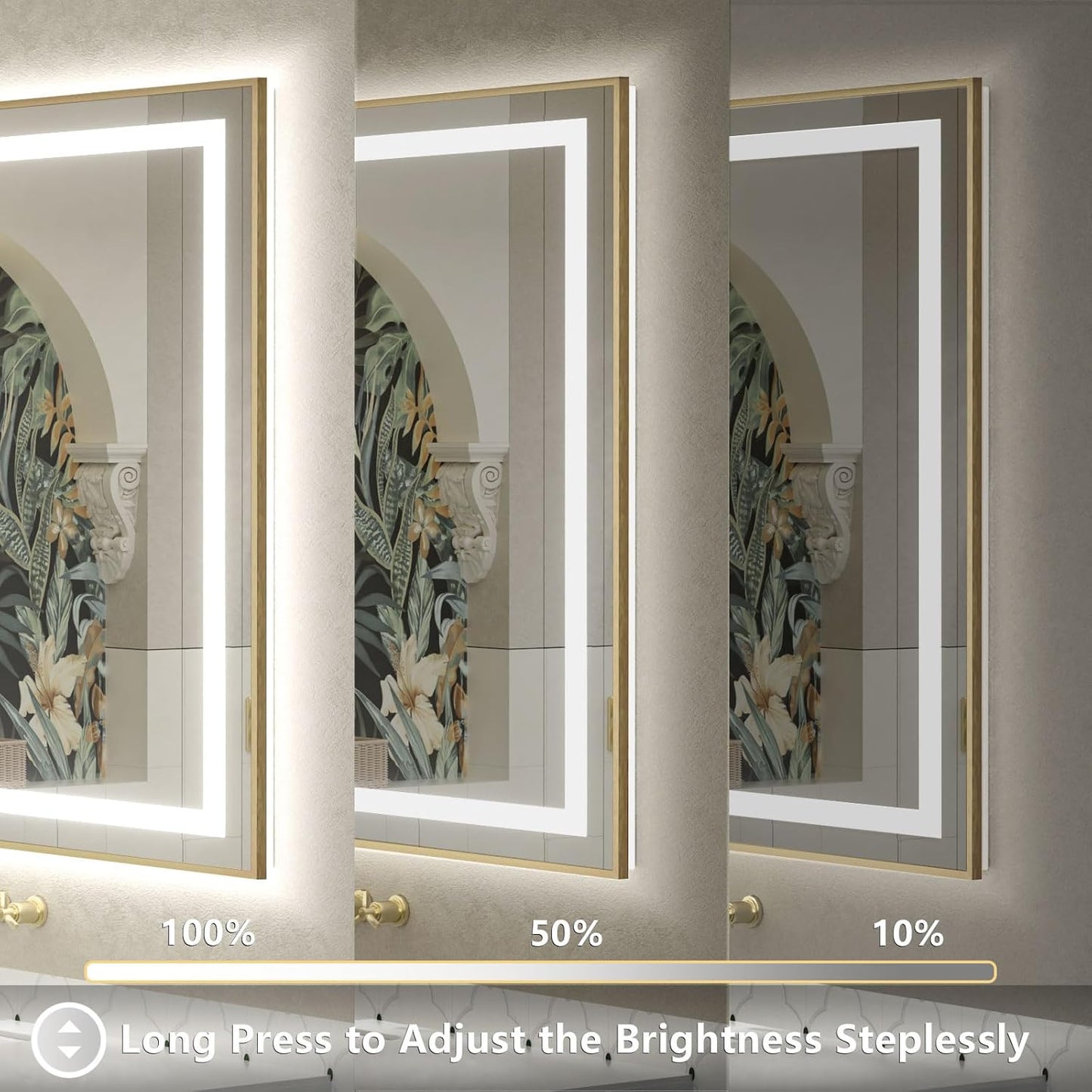 OKPAL 24x32 Gold LED Bathroom Mirror with Lights, Frontlit & Backlit Metal Framed Mirror, Lighted Bathroom Vanity Mirror, Anti-Fog, Dimmable 3 Colors, Shatterproof, Horizontal/Vertical