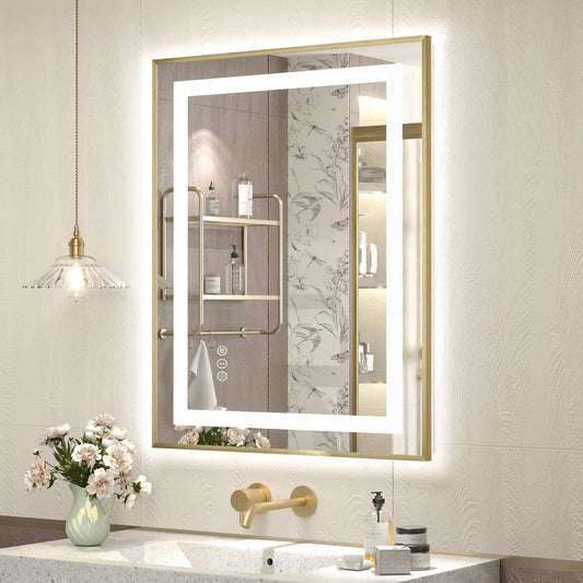 OKPAL 24x32 Gold LED Bathroom Mirror with Lights, Frontlit & Backlit Metal Framed Mirror, Lighted Bathroom Vanity Mirror, Anti-Fog, Dimmable 3 Colors, Shatterproof, Horizontal/Vertical