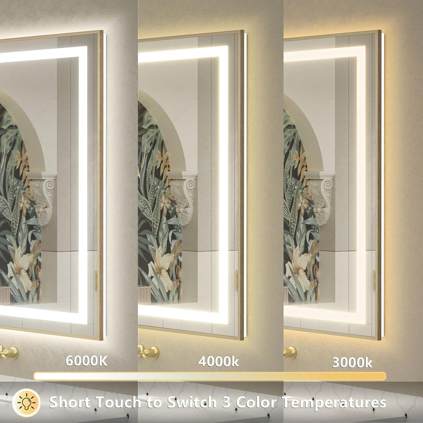 OKPAL 72x36 LED Bathroom Mirror Gold Metal Framed Front & Back Light, Lighted Bathroom Mirror with Lights, Anti-Fog, Dimmable, 3 Colors, Shatterproof, ETL Listed, Horizontal/Vertical