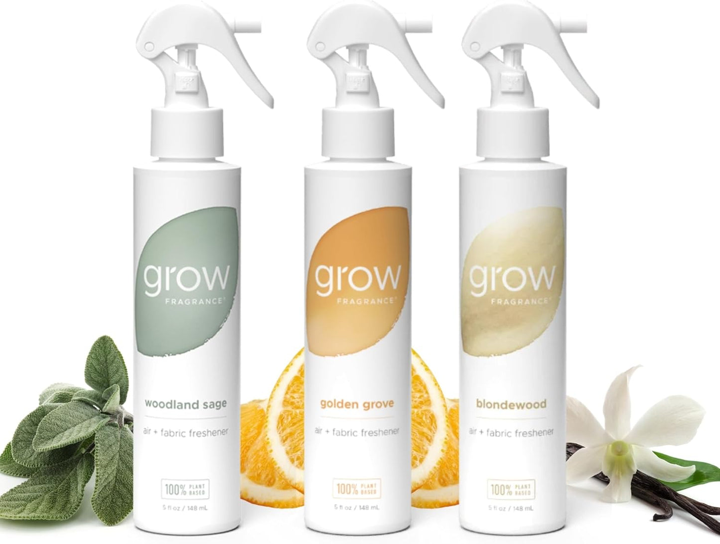 Grow Fragrance 100% Plant-Based Air Freshener Spray | Freshen Fabric & Rooms | Golden Grove, Woodland Sage, Blondewood Scents | Made with Natural Essential Oils - Variety 3 Pack, 5 oz each