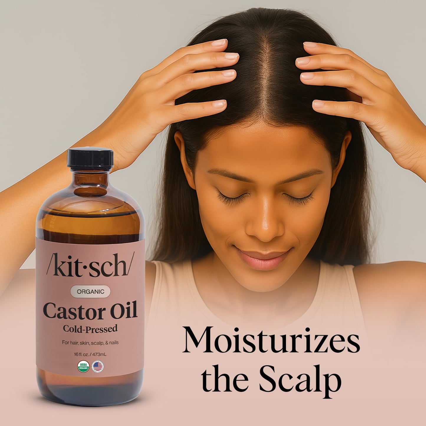 Kitsch Organic Castor Oil for Hair Growth - 100% Pure Castor Oil, Organic Cold Pressed Unrefined Glass Bottle for Face, Skin, Lashes, Brows, Scalp, Nails & Belly Button - Hexane Free, USDA - 16 oz