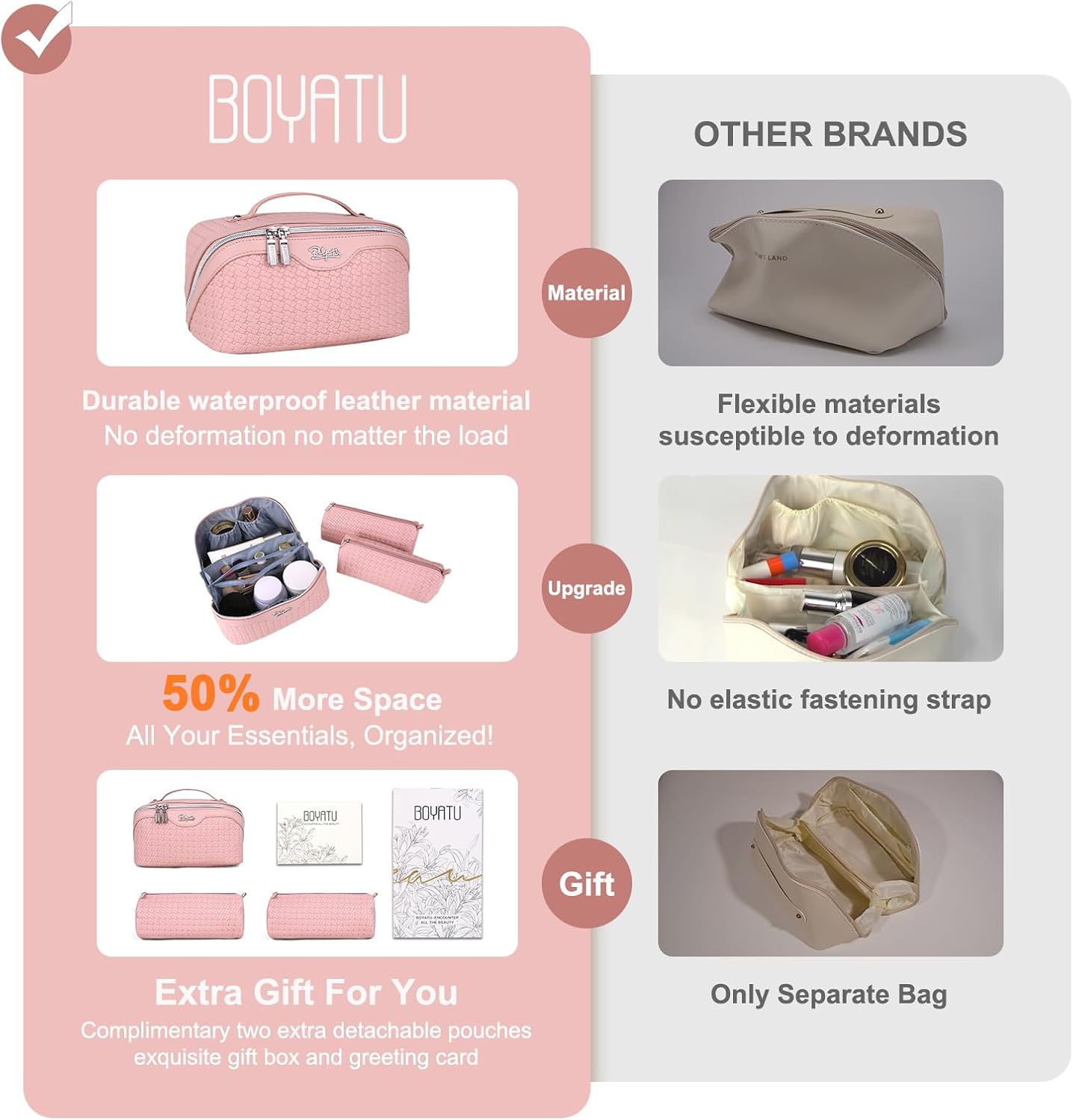 BOYATU Travel Makeup Bags for Women: 3 Set Make up Bags with Compartments - Large Cosmetic Bag - Vegan Leather Makeup Organizer for Traveling (L17 Pink)