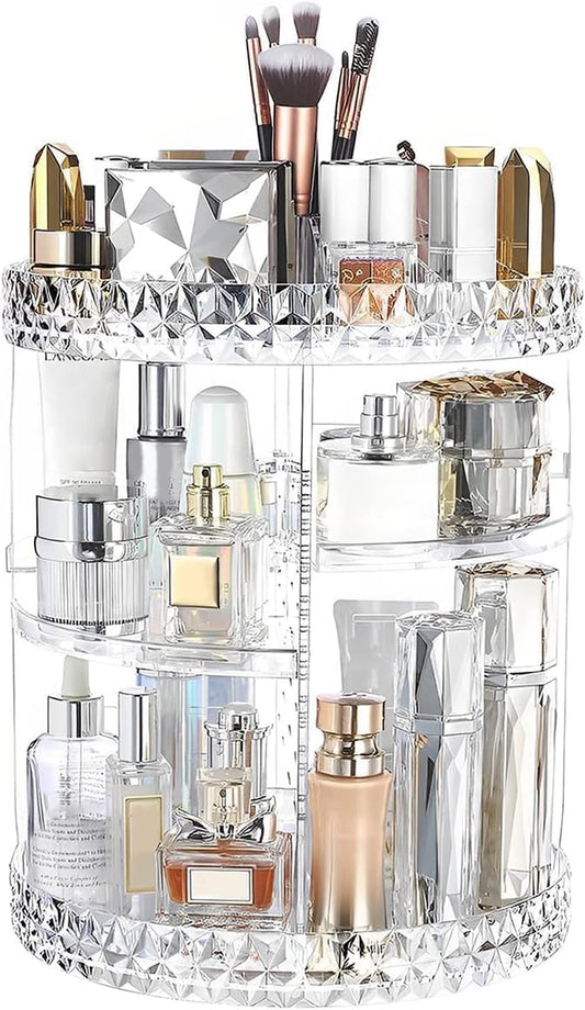ZHIAI 360 Rotating Makeup Organizer, Large Capacity Cosmetics Organizer for Perfume Holder Organizer Countertop, DIY Adjustable Bathroom Makeup Carousel Holder Rack, Clear Diamond