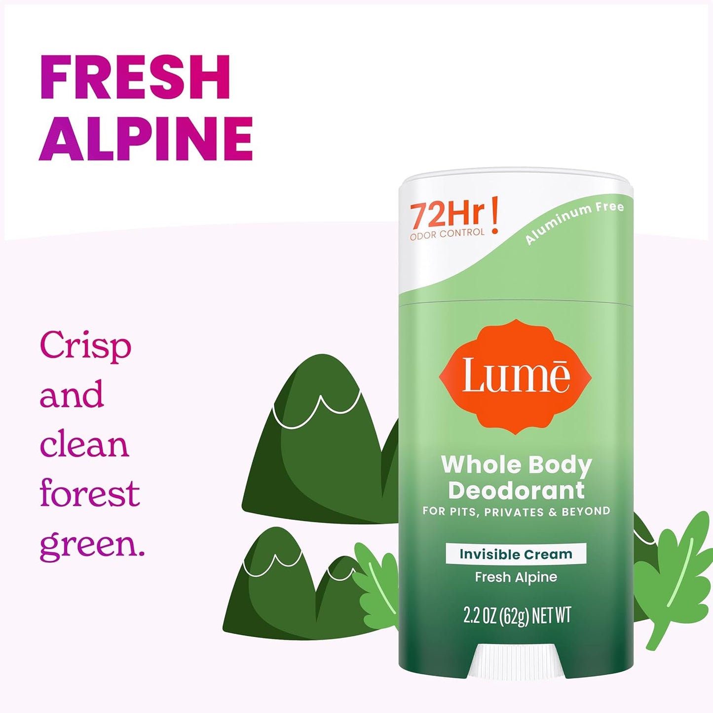 Lume Whole Body Deodorant - Invisible Cream Stick - 72 Hour Odor Control - Aluminum Free, Baking Soda Free, Skin Safe - 2.2 Ounce (Pack of 2) (Fresh Alpine)