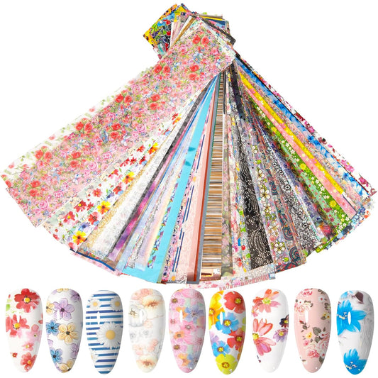 WOKOTO 300 Sheets Nail Foils Transfer Nail Art Holographic Flower Rose Solid Nail Art Foil Sheets, 1 Set for All Various Designs Nail Transfer Foil for Women Girls Nails